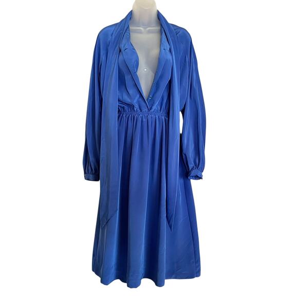 Vintage Halston III Blue Satin Tie-Neck Blouson Midi Secretary Shirt Dress XS/S - Picture 6 of 8